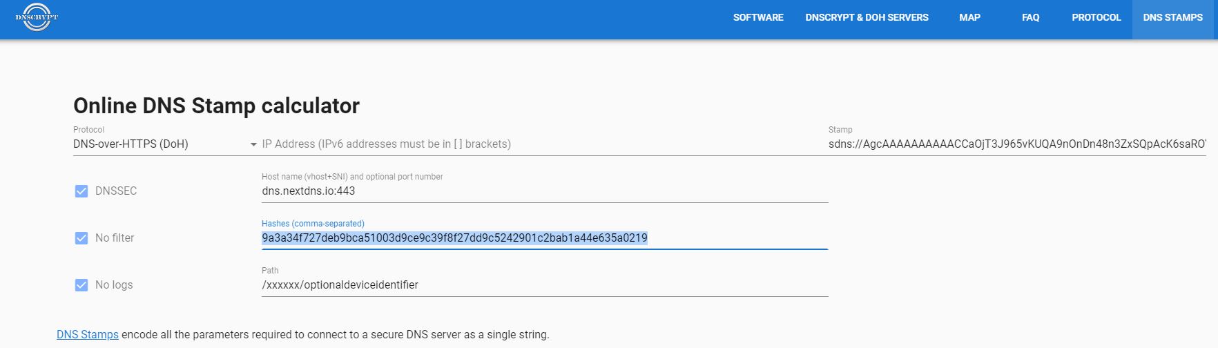 DNSCrypt Online DNS Stamp calculator dialogue